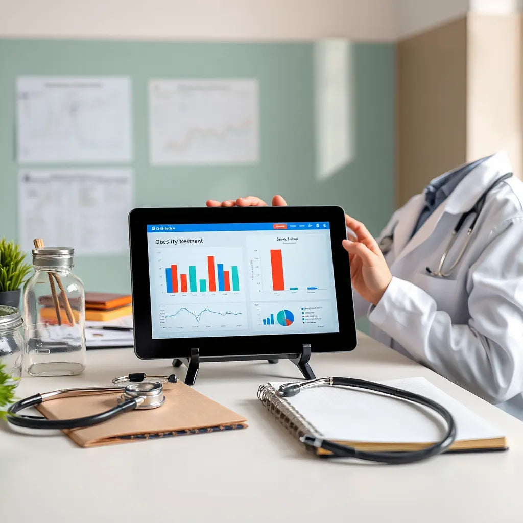 Researcher reviewing clinical charts related to obesity treatment in a clean lab setting