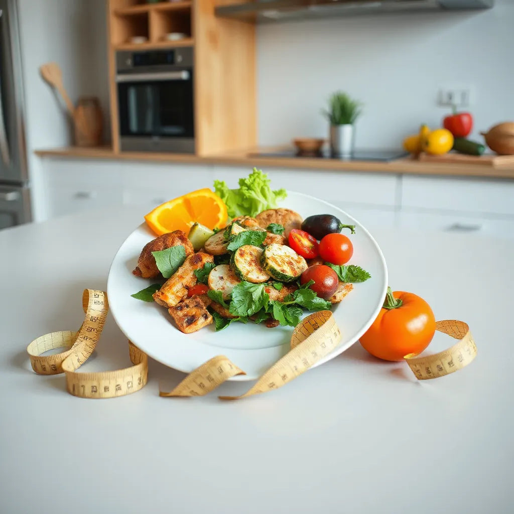 Healthy meal plate with fresh produce and a measuring tape on a clean kitchen table