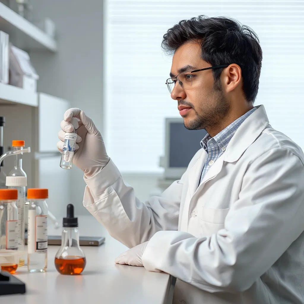 Scientist reviewing peptide analysis tools and purified samples in a clean laboratory setting