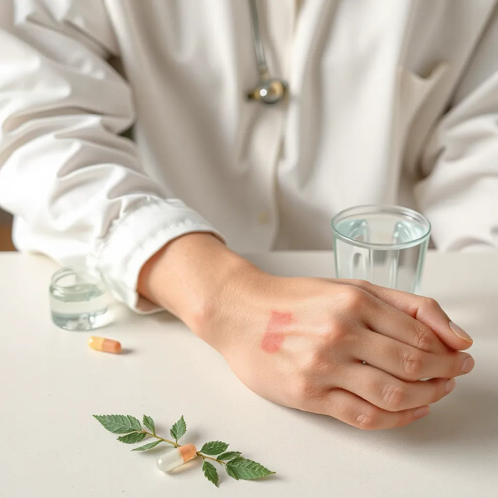 Person holding an arm with subtle redness, with a small capsule and glass of water nearby