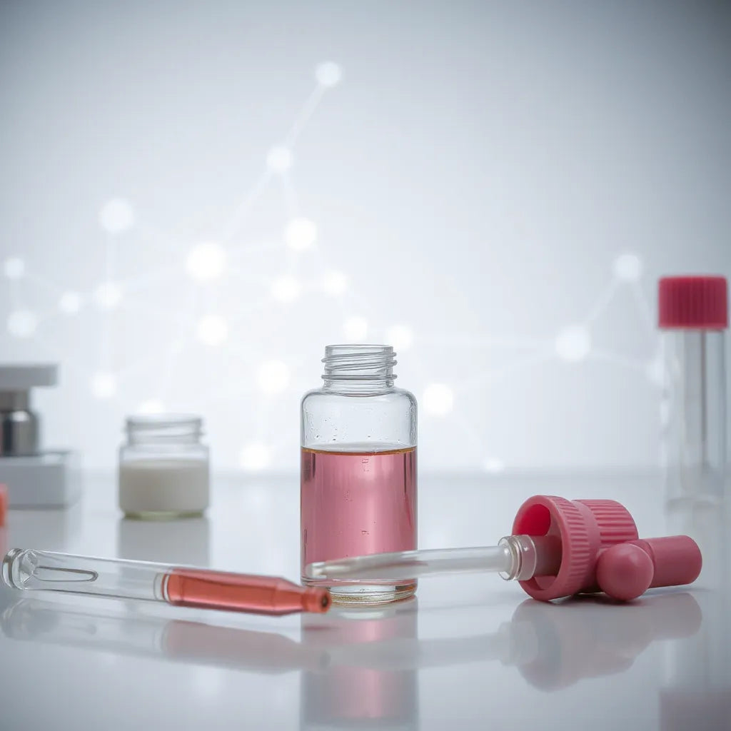 Laboratory vial and pipette with a soft neural network glow in the background