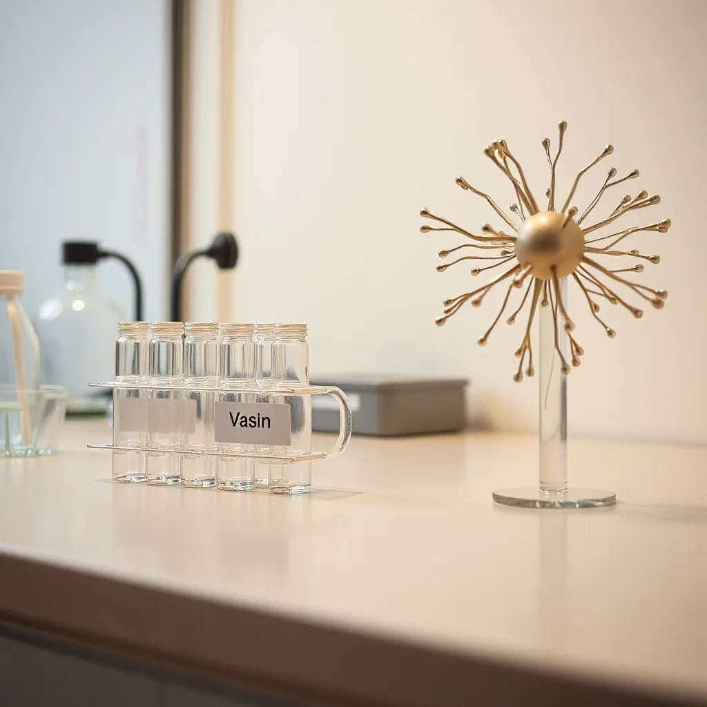 Laboratory vials beside a subtle neural network sculpture representing brain health support