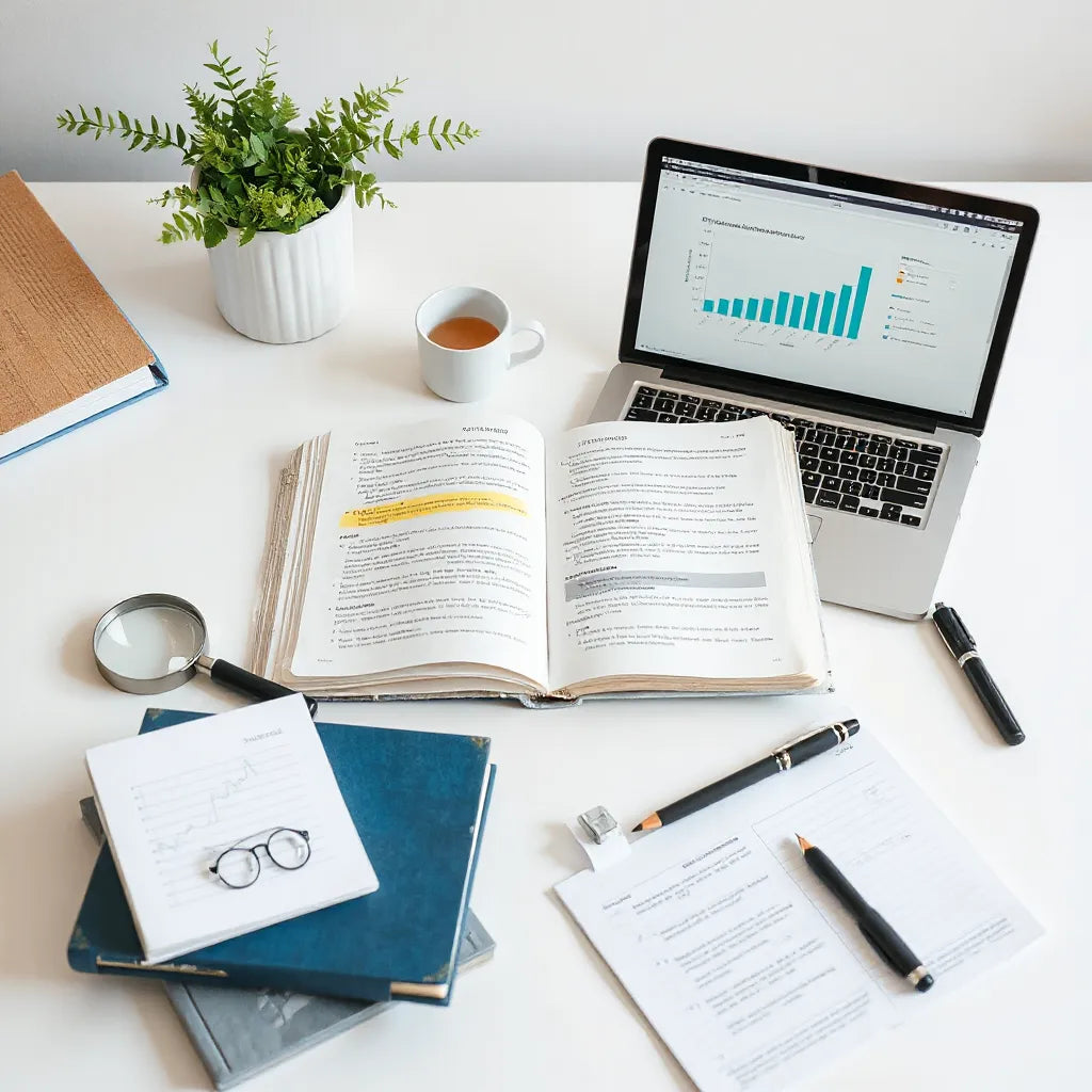 Researcher reviewing academic papers with a magnifying glass and highlighted journal pages on a clean desk