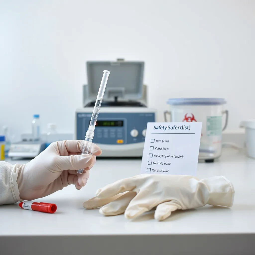Clean lab bench with sterile gloves, pipette, and safety gear for peptide handling