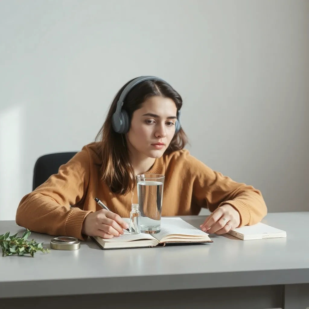 A focused person at a desk with a small unlabeled vial and notebook, suggesting cognitive wellness support