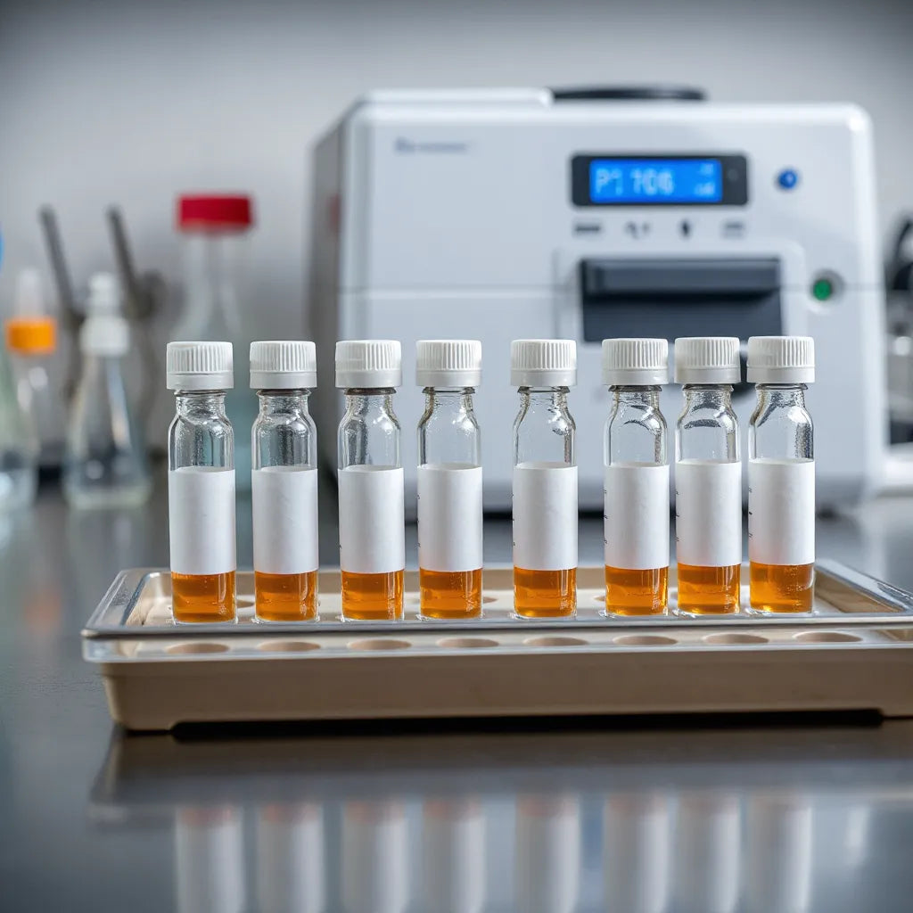 Sealed peptide vials and pipette supplies on a clean laboratory bench