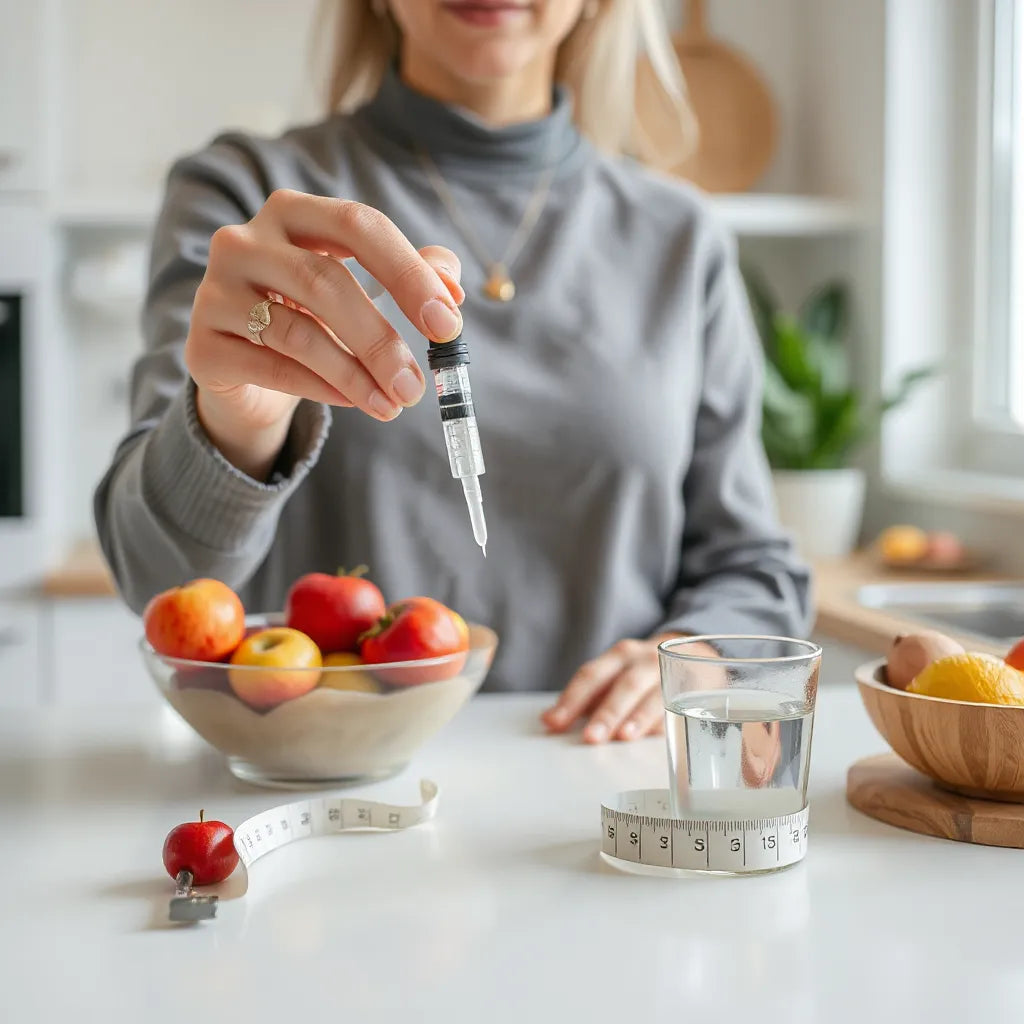 Person holding a syringe beside a measuring tape and fresh fruit in a bright kitchen