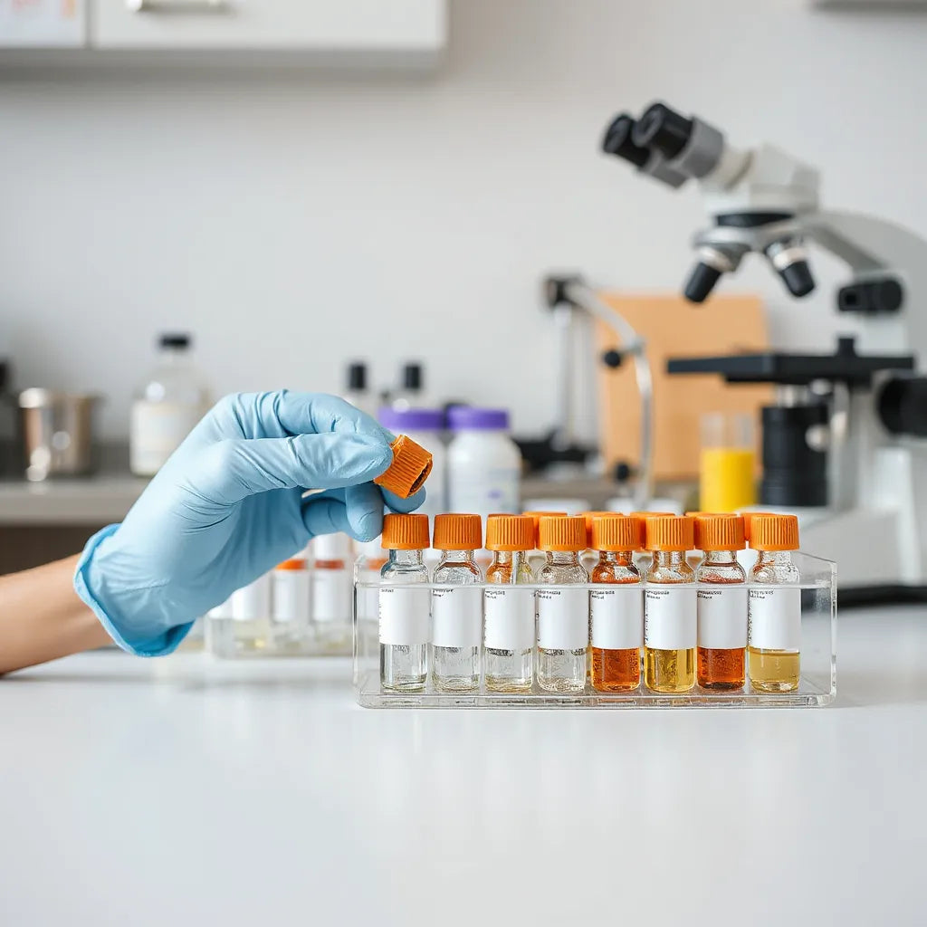 Gloved lab researcher organizing sterile research vials on a clean workbench