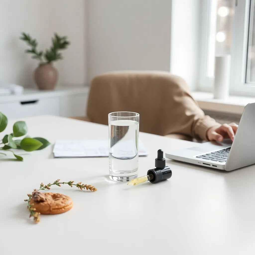 Unlabeled vial and dropper beside water on a clean desk under soft natural light