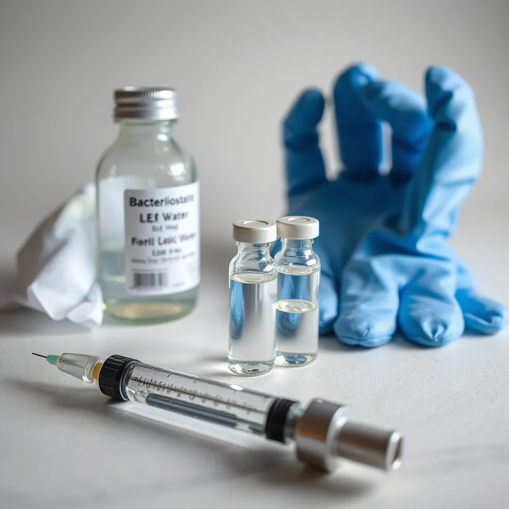 Sterile peptide reconstitution setup with vials of clear solution, syringe, and gloves on a clean surface