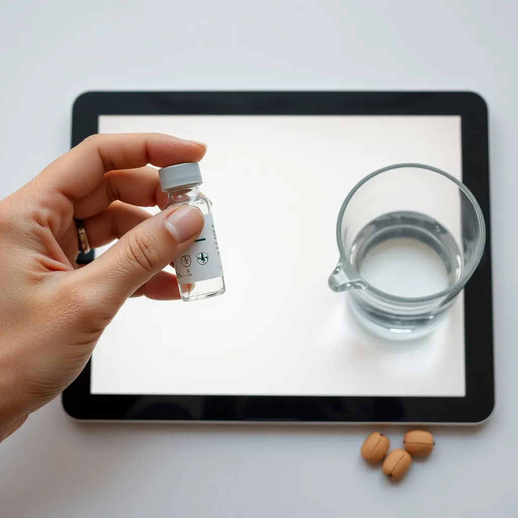 Small vial and water beside a tablet showing a simple healing diagram in a clean clinic setting