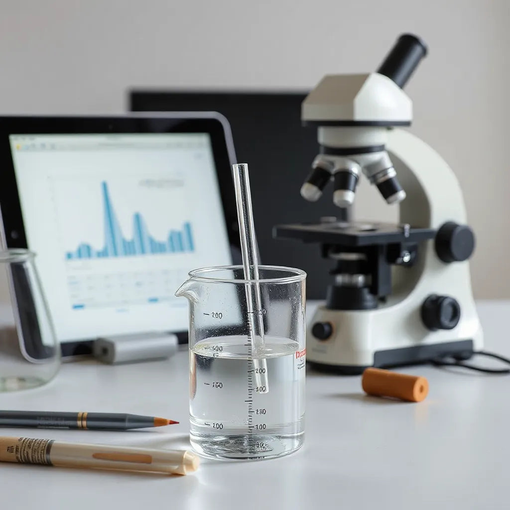 Research workspace with pipette, beaker, microscope, and blurred scientific graphs in the background