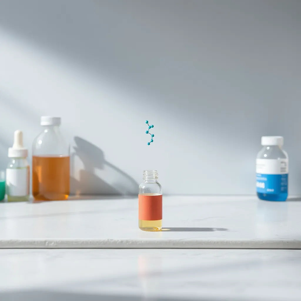 Laboratory vial with a hovering molecular model symbolizing cellular energy support