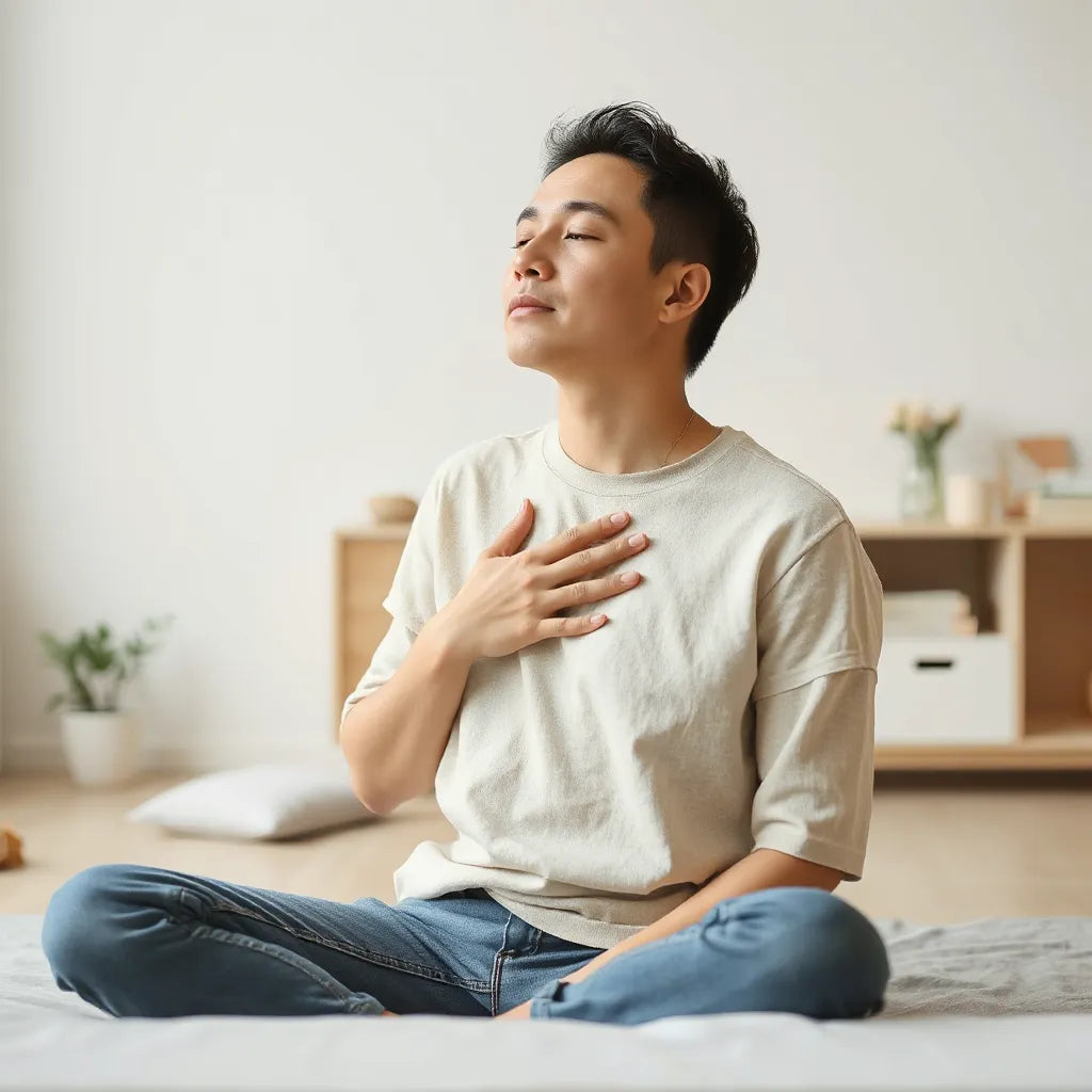 Relaxed person seated in soft light, suggesting calm and reduced anxiety stress for DSIP discussion