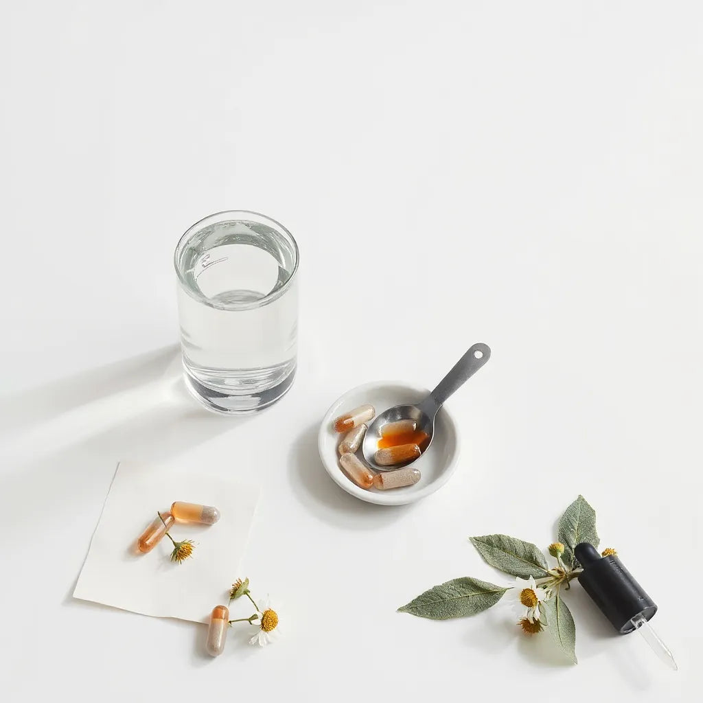 Capsules and herbs arranged neatly beside a glass of water for choosing hormonal support supplements