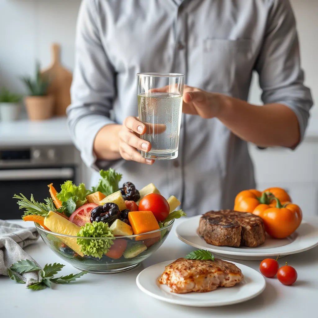 Healthy meal ingredients and water on a kitchen counter, suggesting steps to support better insulin sensitivity