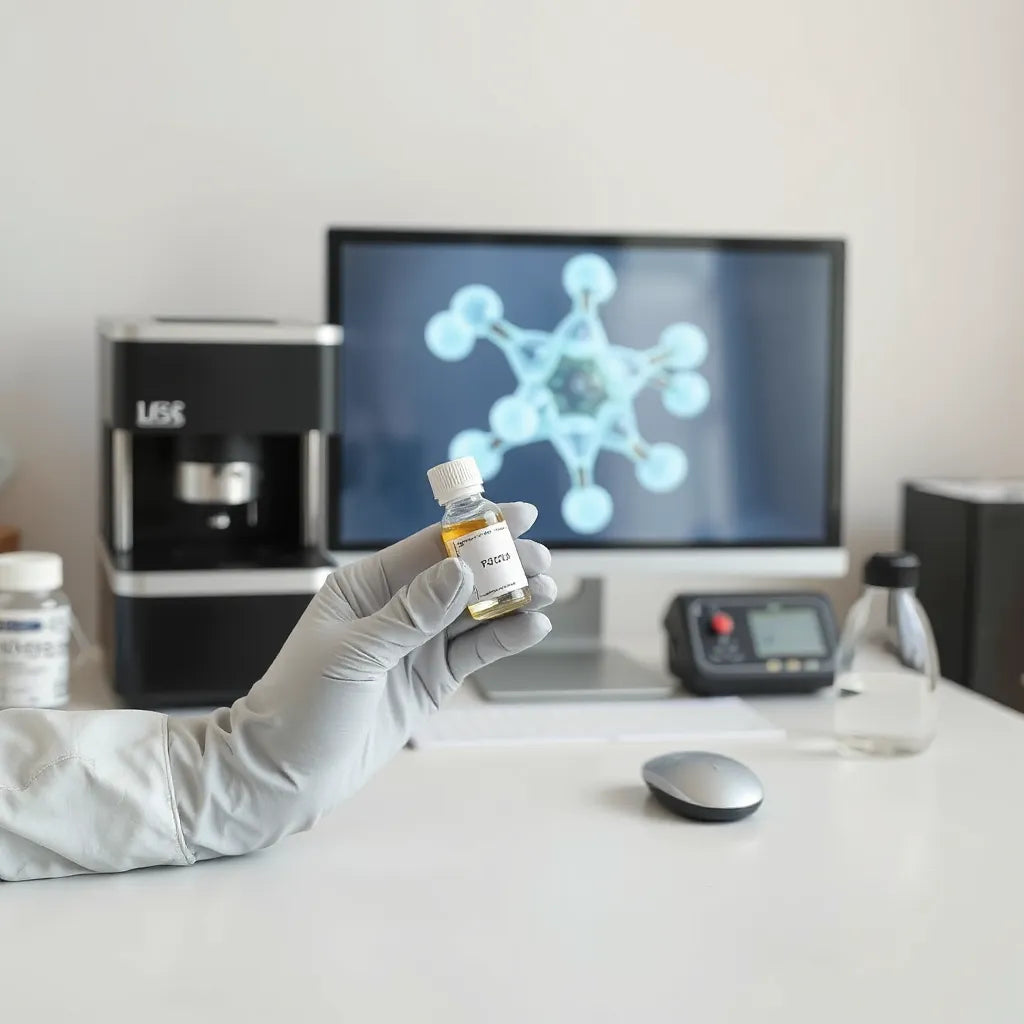 Gloved hands holding a vial beside minimalist peptide research equipment in a clean lab setting