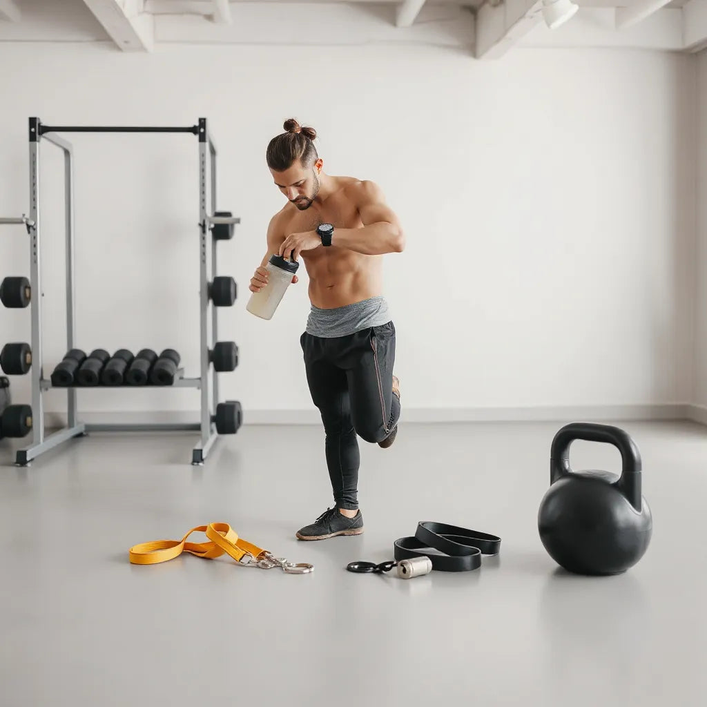 Athlete preparing for training with a shaker bottle and fitness watch in a clean gym
