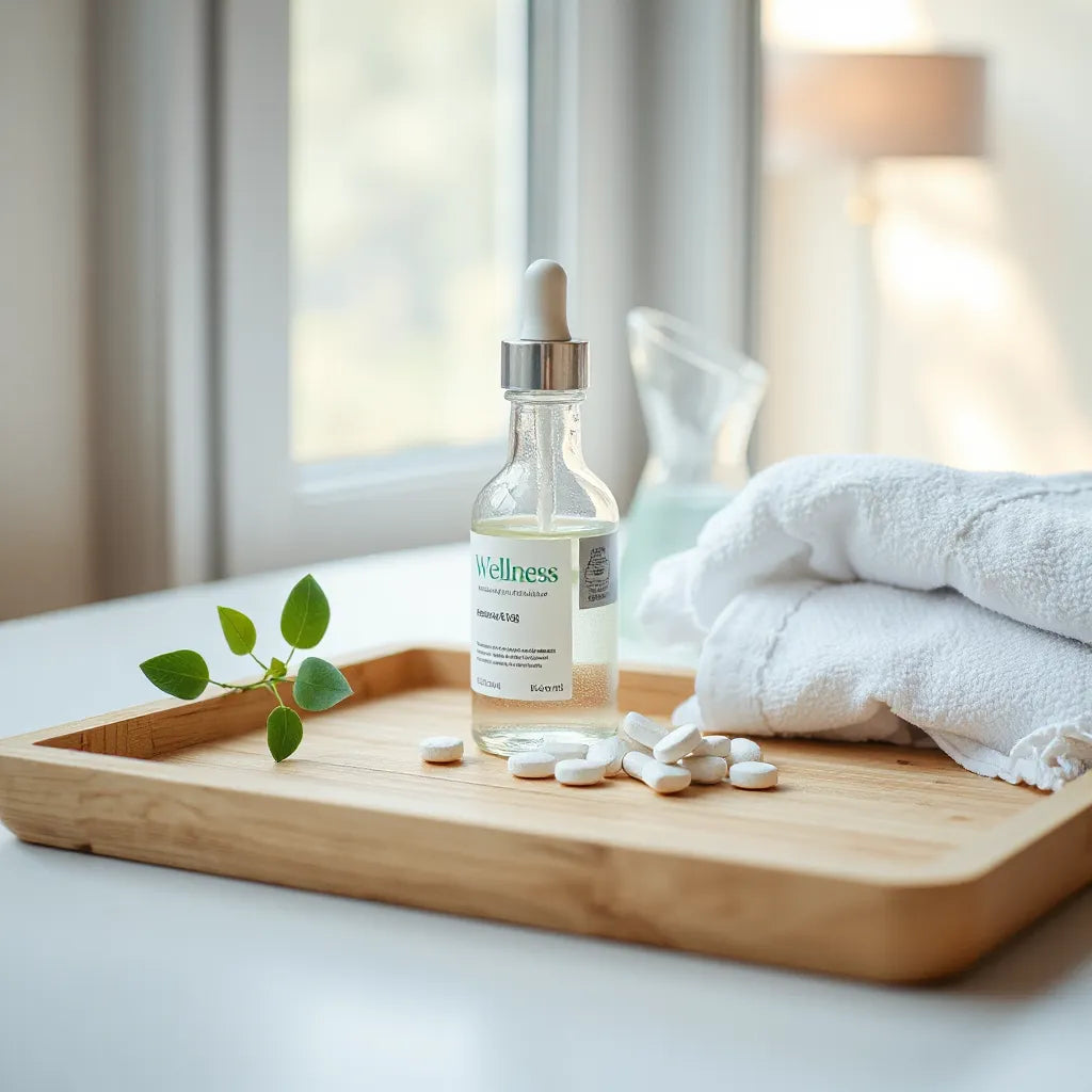 Dropper bottle with clear liquid and small tablets on a minimalist wellness tray with soft natural light.