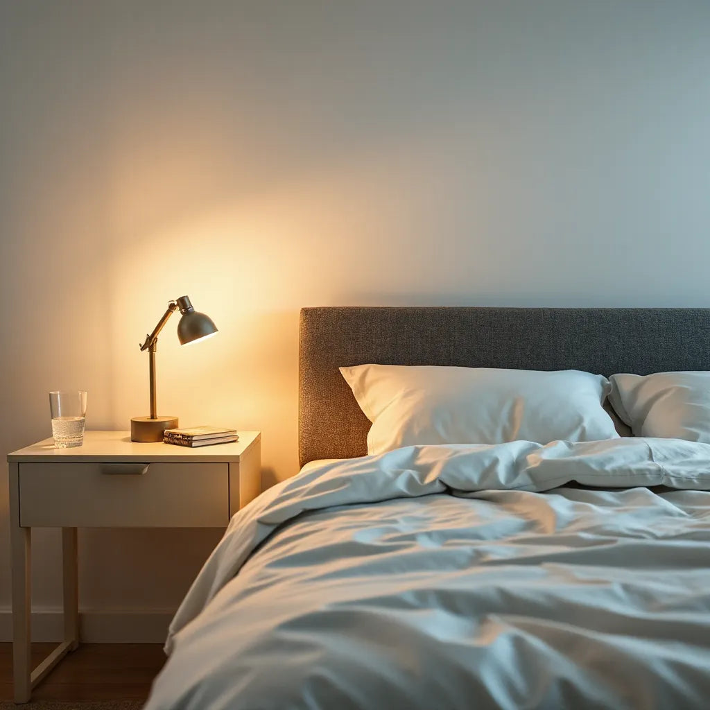 Neatly made bed in soft moonlight with a quiet nightstand setup for restful sleep guidance