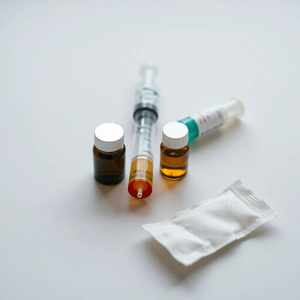 Syringe and small vials on a clean medical surface with gauze and bandage for recovery support