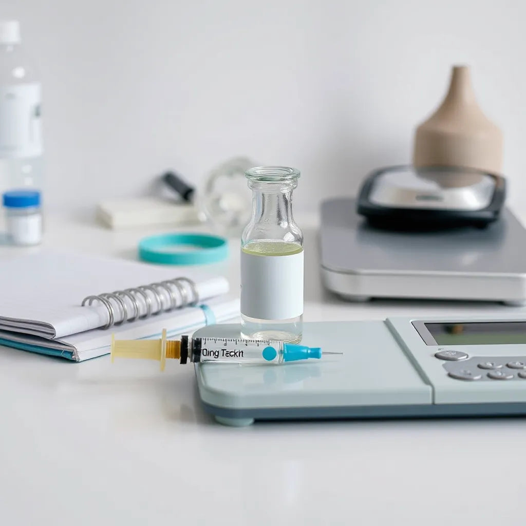 BPC-157 dosing tools on a clean desk: syringe, vial, and notebook for planning dosage safely