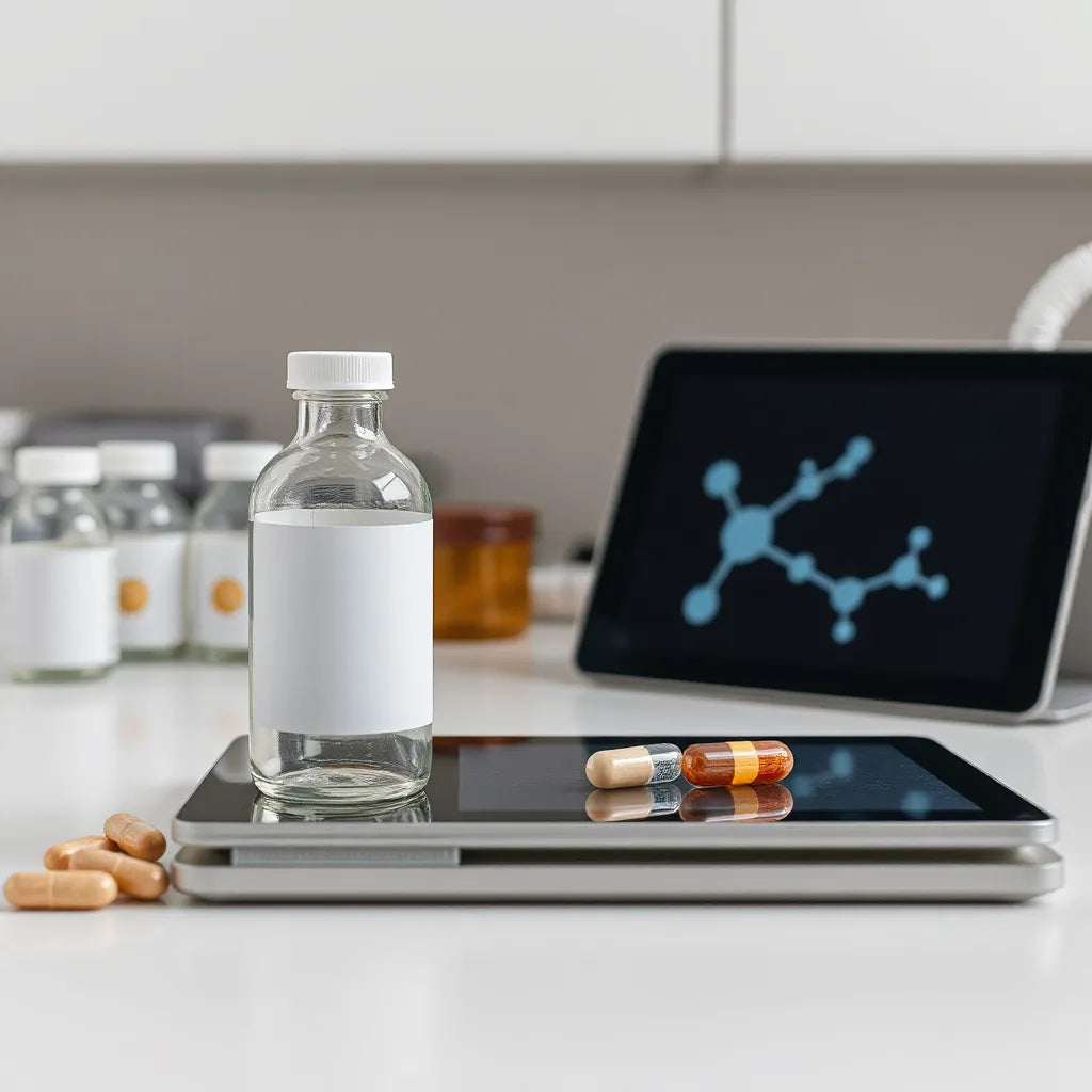 Laboratory bench with a vial and subtle metabolism-related molecular model on a tablet screen