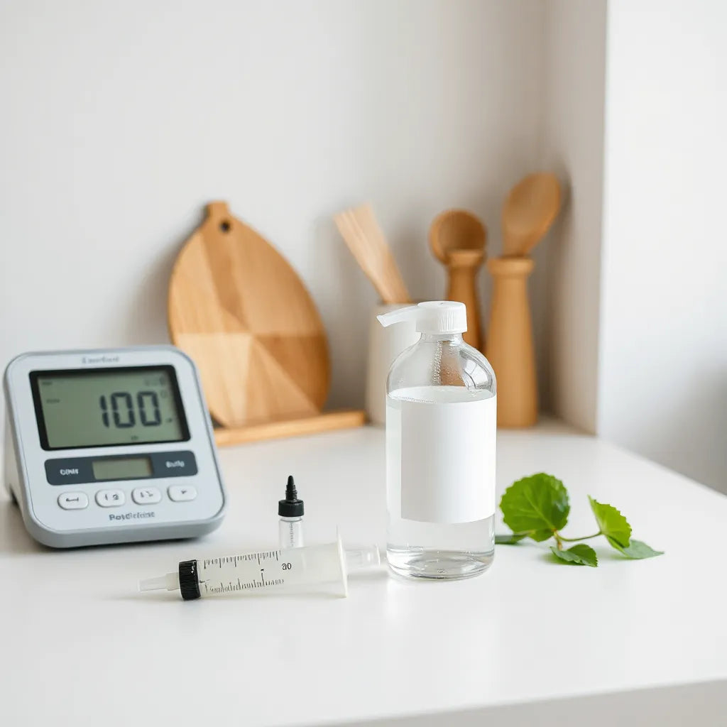 Digital scale and measuring syringe beside water on a clean countertop for safe 10mg dosing