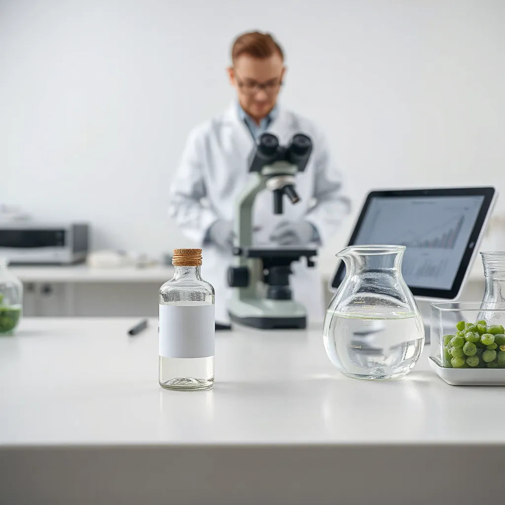 Lab bench with microscope and medical researcher reviewing generic graphs