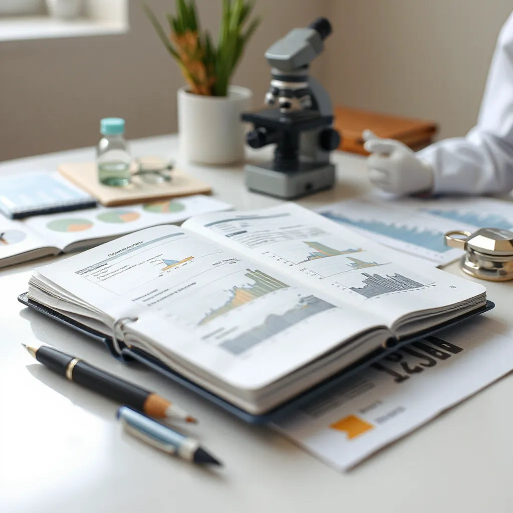 Researcher reviewing open papers and data tables with a microscope on a clean desk