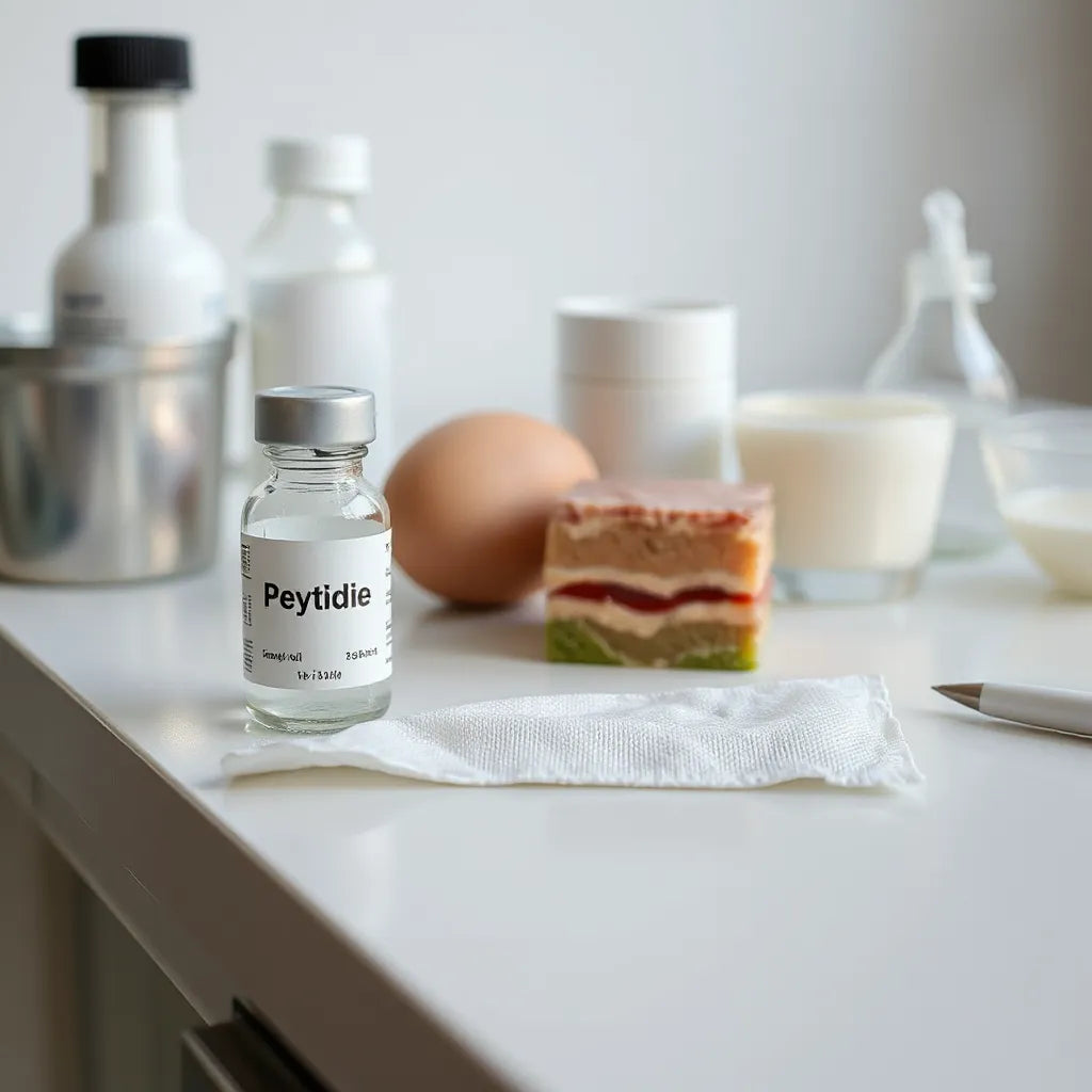 Sterile gauze and a vial on a lab bench with an anatomical healing tissue model in the background