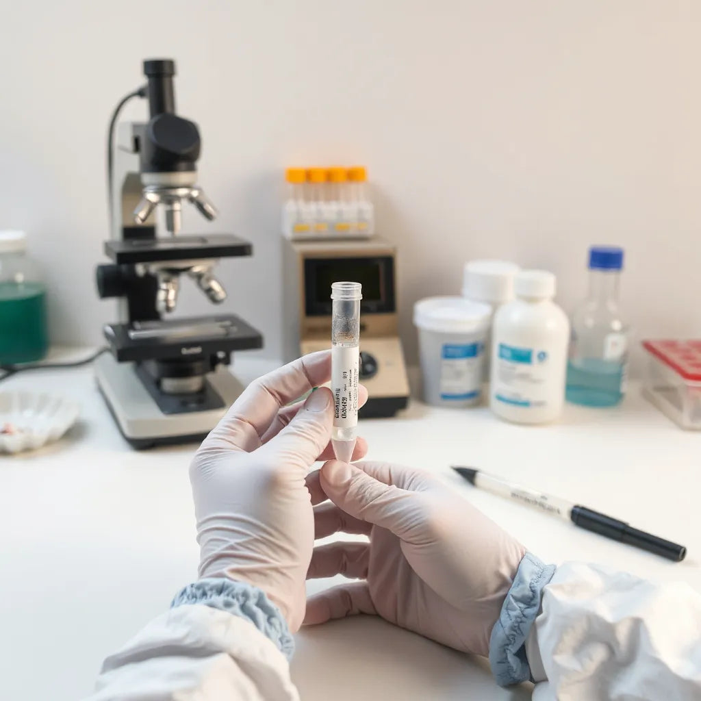 Gloved hands holding a sterile sample tube on a clean laboratory bench near a pipette and microscope