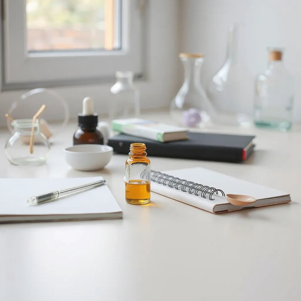 Small vial and dropper on a minimal desk beside a notebook under soft natural light