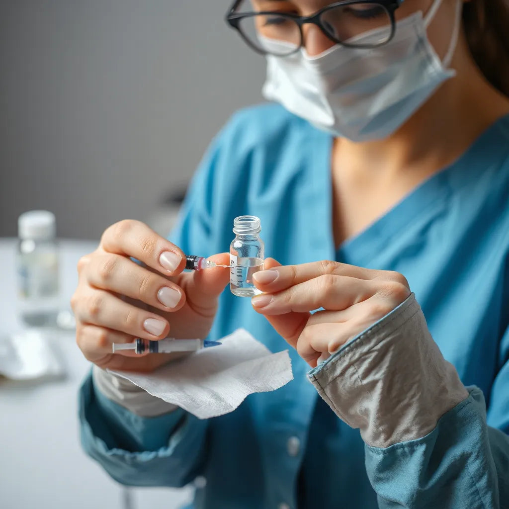 A healthcare professional prepares a syringe and vial on a sterile surface with gauze and alcohol swabs