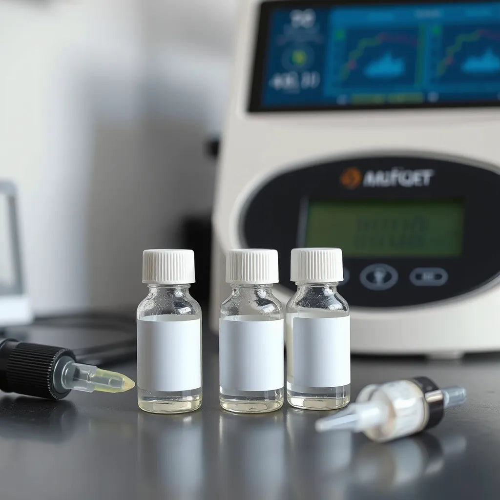 Laboratory vials and pipette on a clean bench beside blurred analytical equipment