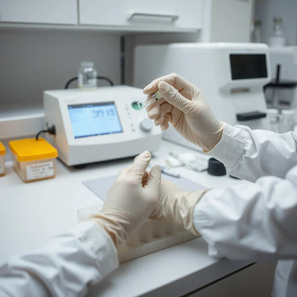 Scientist holding peptide vials in a clean lab setting with lab equipment in soft focus