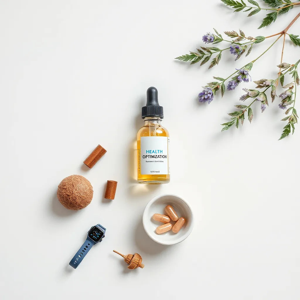 Neatly arranged health optimization products including a dropper bottle and capsules on a clean light surface