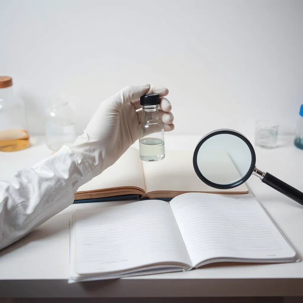 Gloved hand inspecting a sealed reagent vial on a clean laboratory bench