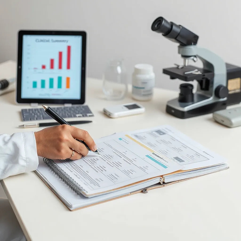 Scientist reviewing study notes and graphs on a clean lab desk beside a microscope