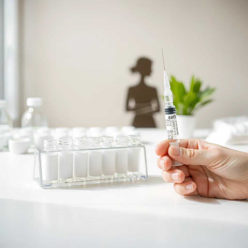 Close-up of glass vials and a syringe on a clean bench under soft light