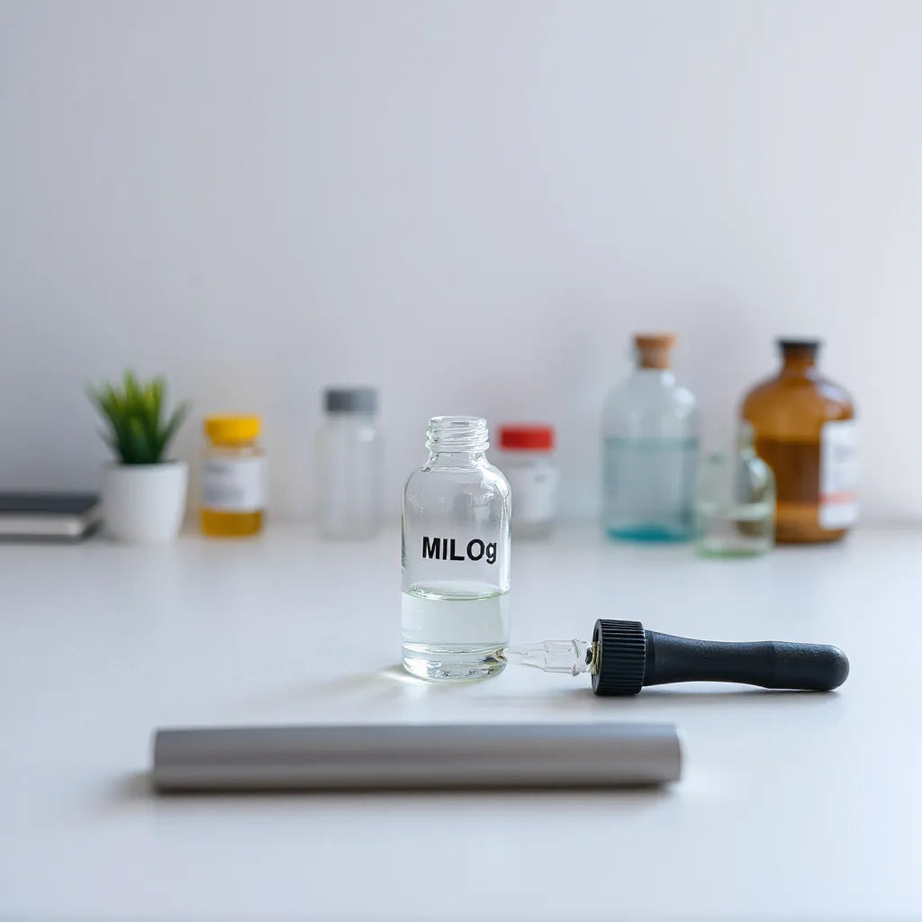 Small vial and dropper on a clean lab desk with subtle molecular light patterns in the background