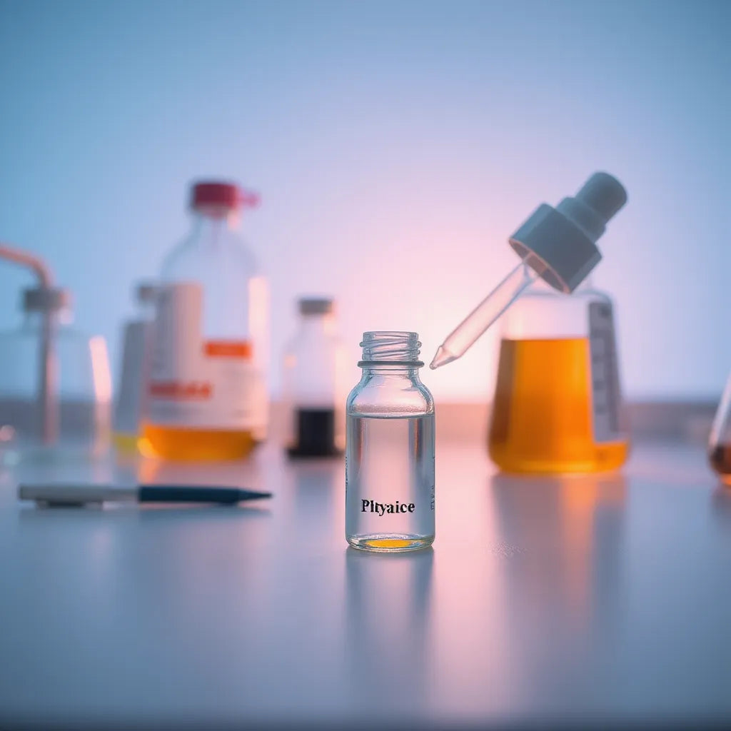 Small glass vial and dropper on a clean lab bench with subtle molecular background lighting