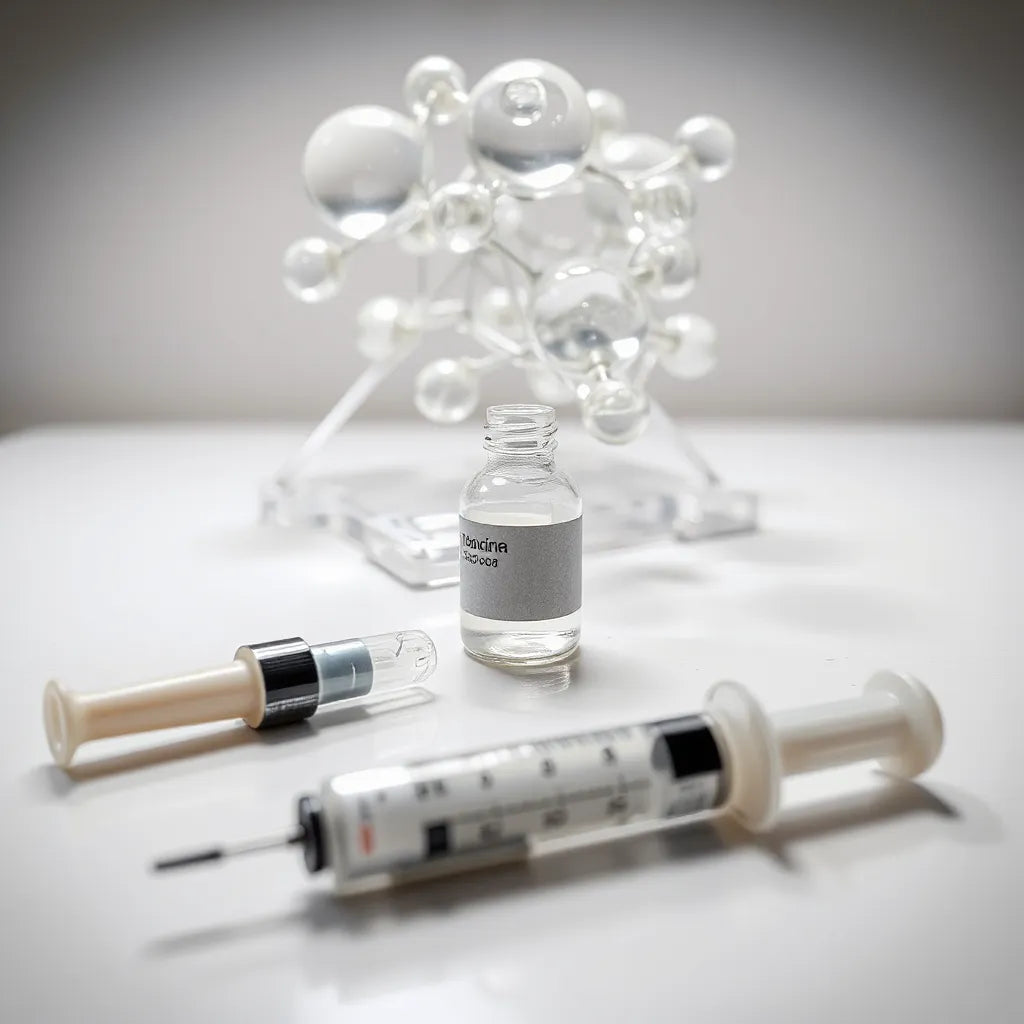 Laboratory bench with a syringe, small vial, and clear molecular model in soft light