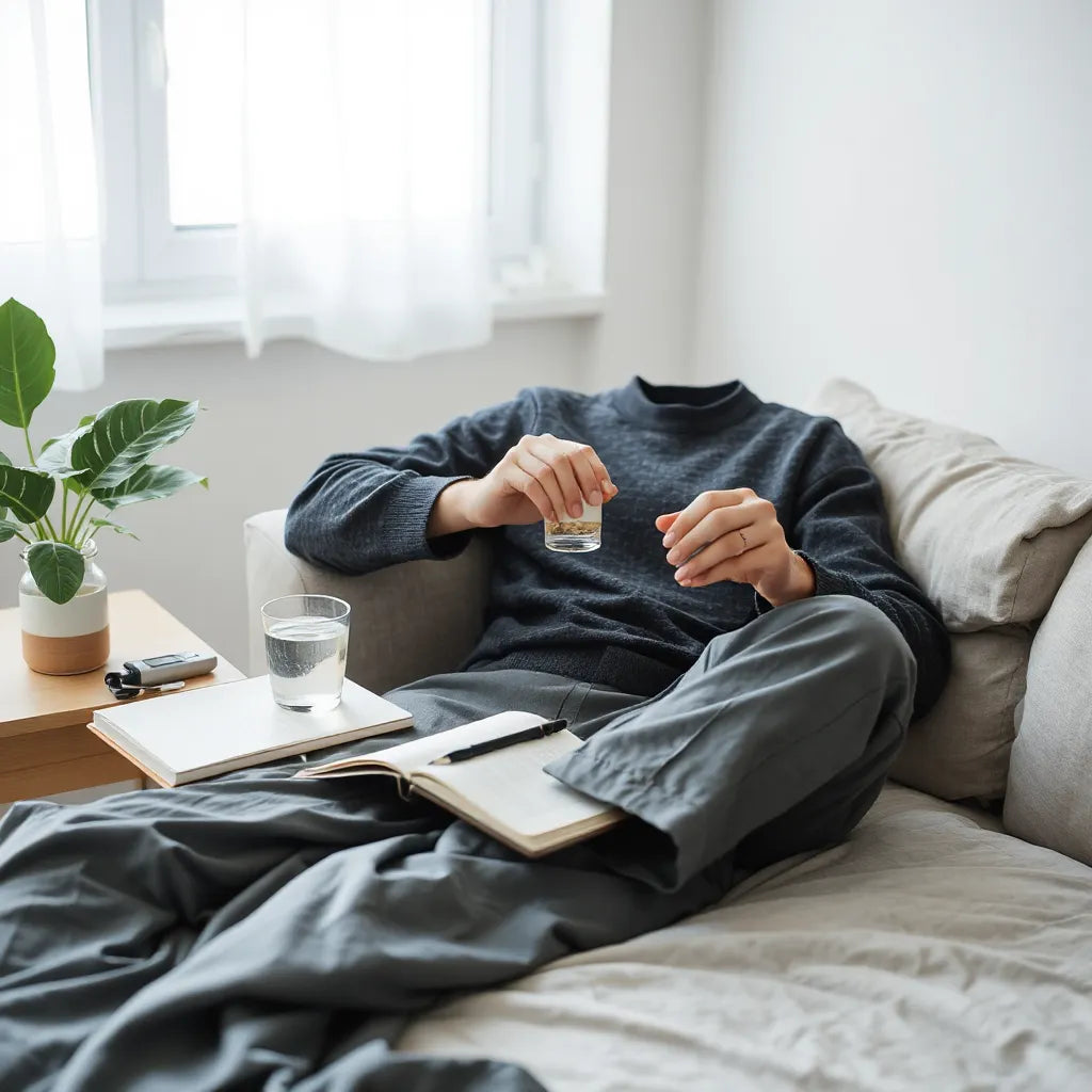 Person resting comfortably while holding a small supplement container and water on a bedside table