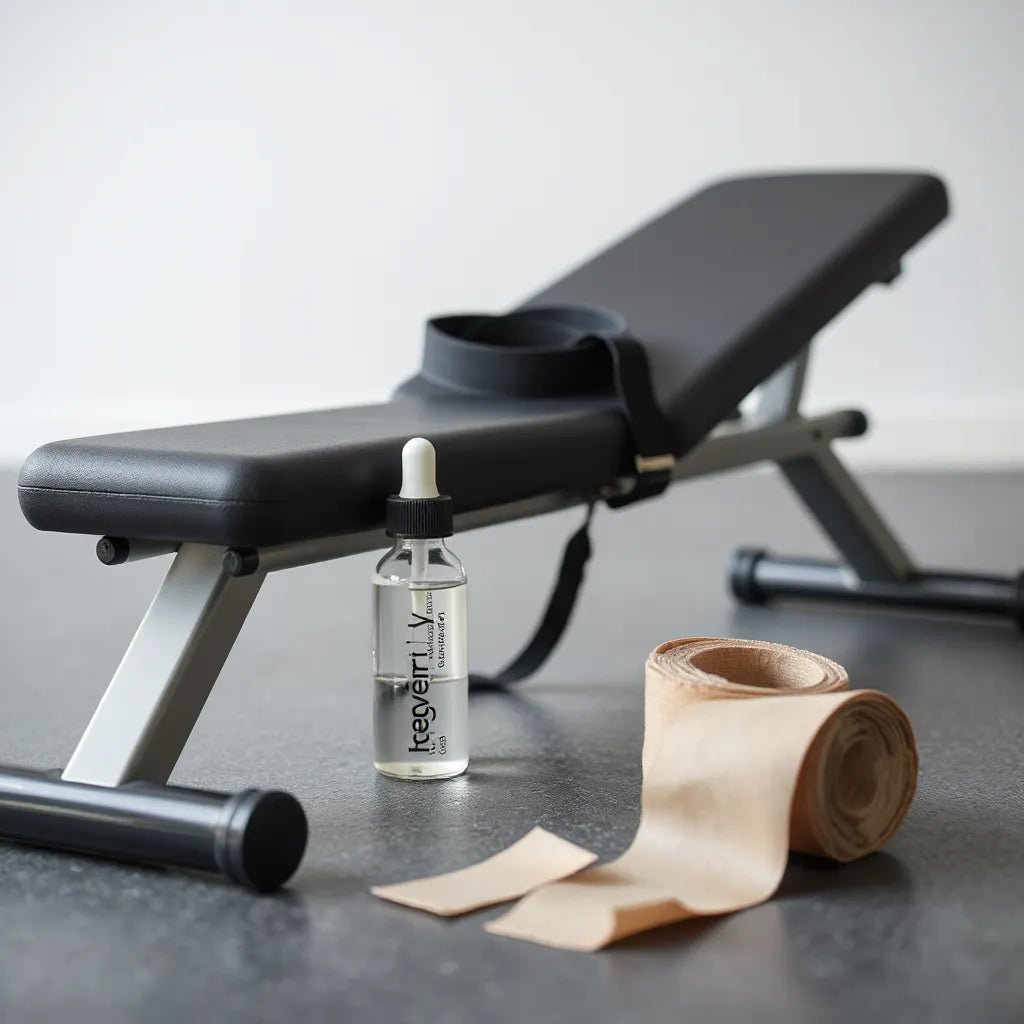 Training bench with recovery supplies and an unlabeled dropper bottle in a clean gym setting