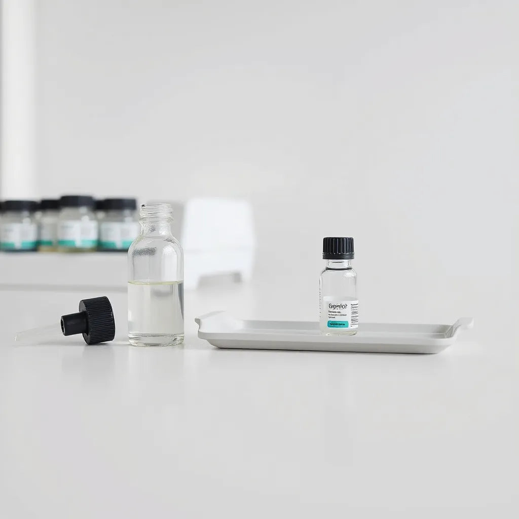 Small glass vials and a dropper on a clean lab bench with soft, neutral lighting