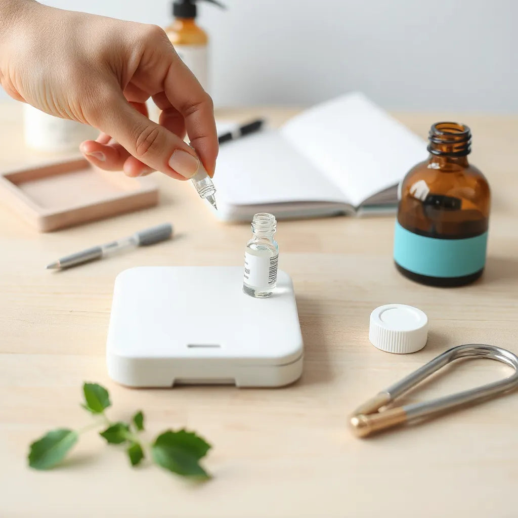 Sealed peptide vials placed in a minimalist medical kit on a wooden table