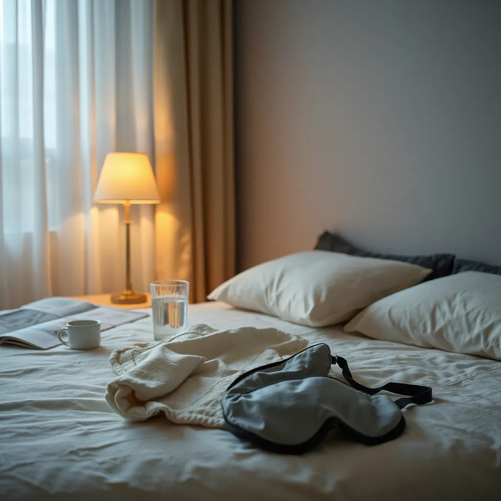 Quiet bedroom at night with warm bedside light, bed, and water on a nightstand for restful sleep guidance.