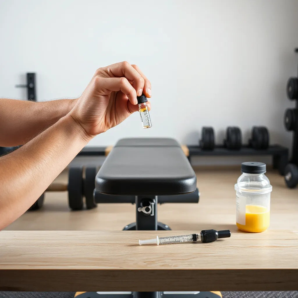 Person holding a vial and syringe near dumbbells in a minimal gym setting