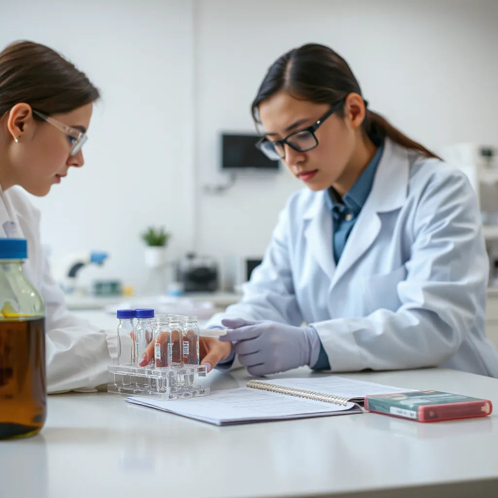 Researcher reviewing peptide safety notes beside sterile lab vials on a clean bench
